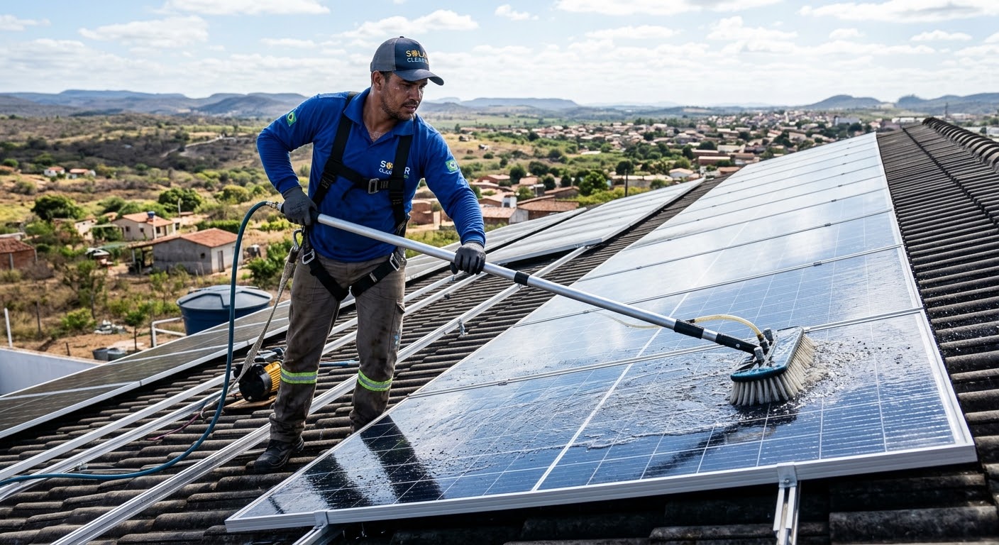 Profissional Desbre lavando placas solares no telhado de uma casa